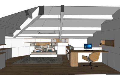 une mezzanine sur mesure, avec bureau, bibliothèque & chambre d’appoint